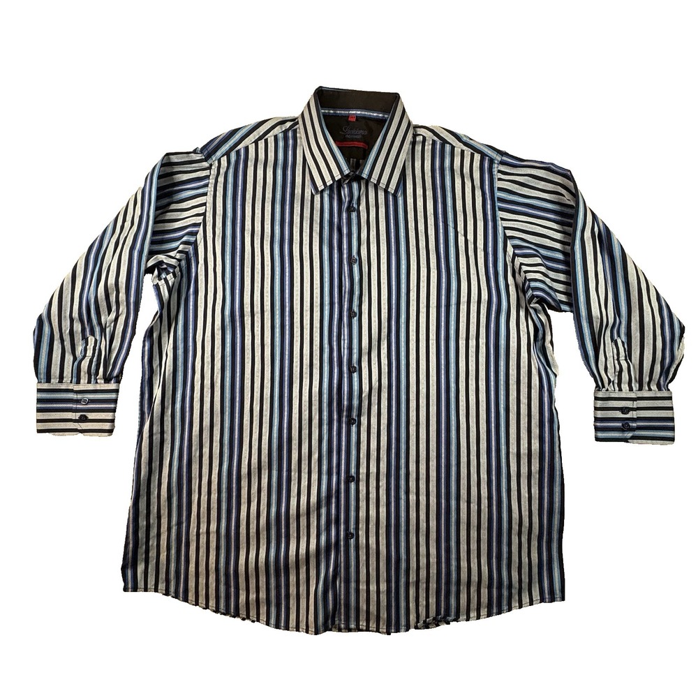 Luchiano Visconti Men's 2XLB Blue Black Striped Mercerized Cotton LS Button Up